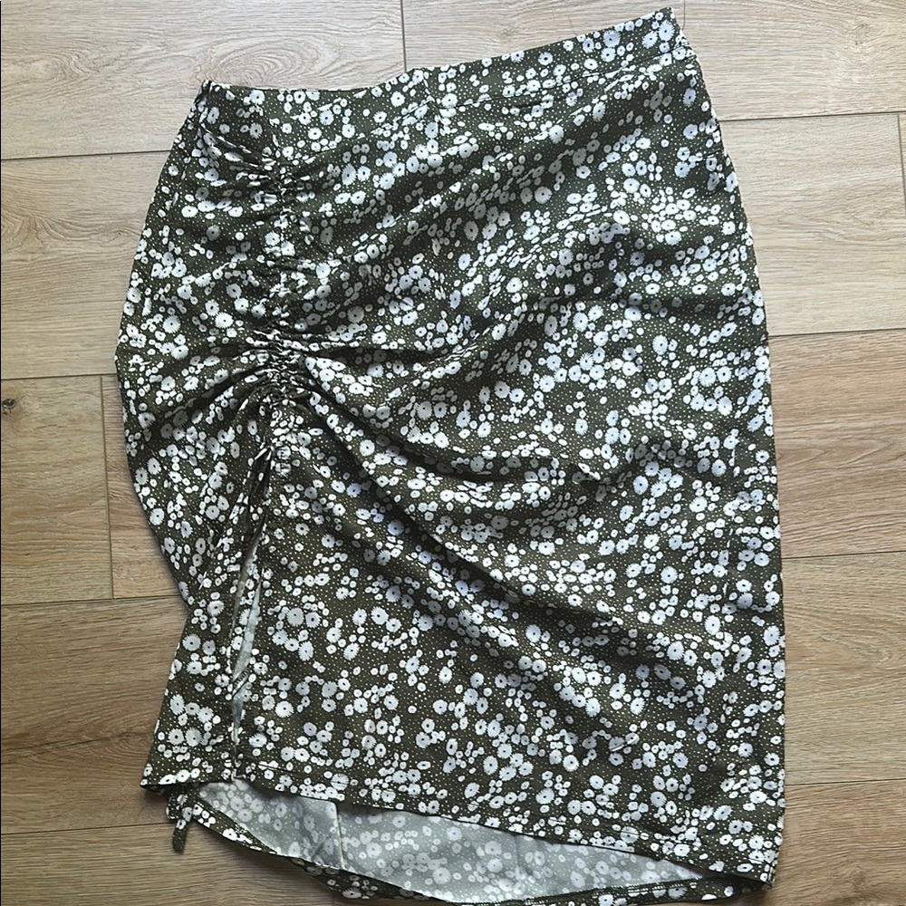Green Drawstring Ruched Split Side Midi Skirt Floral